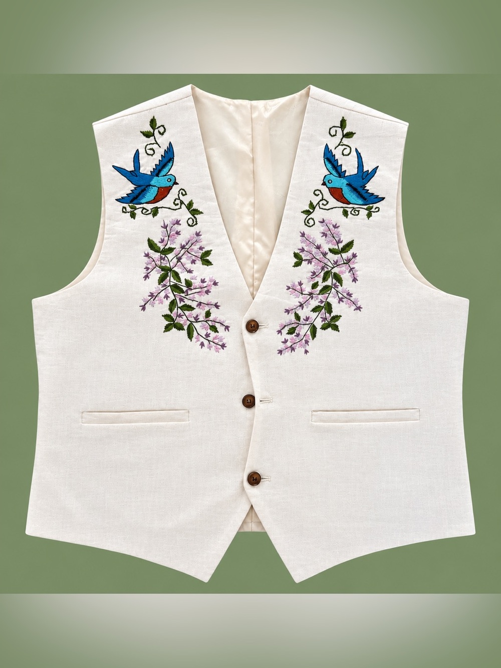 Cream Embroidered Men's Vest with Blue Bird Detail